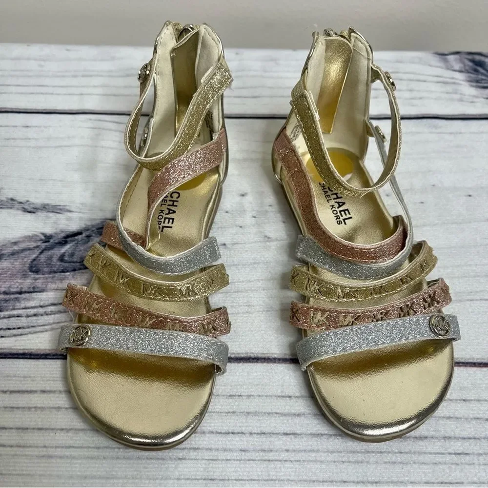 Michael Kors Toddler‎ Size 8 Girls Gold Silver Pink Glitter Strappy Sandals